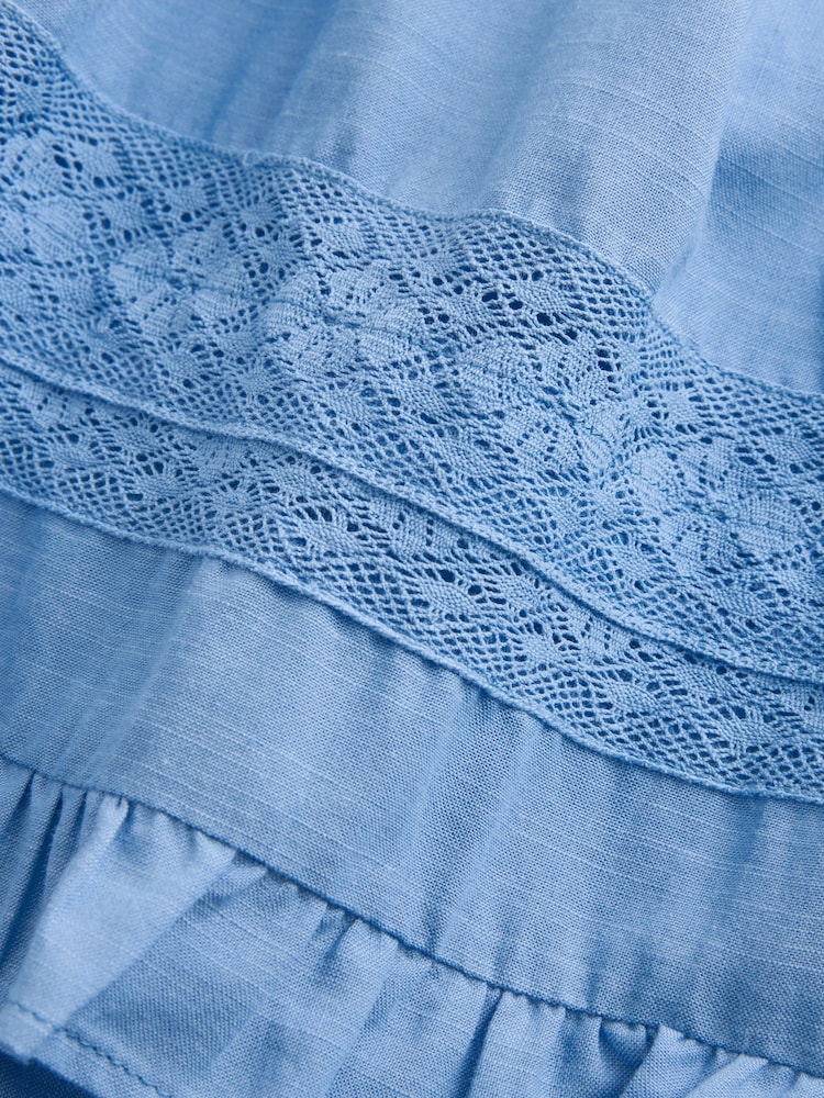 Light Blue Frill Sleeve Lace Insert Summer 100% Cotton Blouse - Image 7 of 7