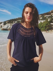 Navy Short Sleeve Crochet Bubblehem 100% Cotton Top - Image 1 of 5