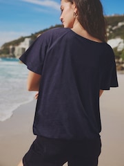 Navy Short Sleeve Crochet Bubblehem 100% Cotton Top - Image 2 of 5