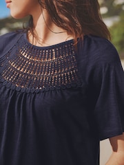 Navy Short Sleeve Crochet Bubblehem 100% Cotton Top - Image 3 of 5