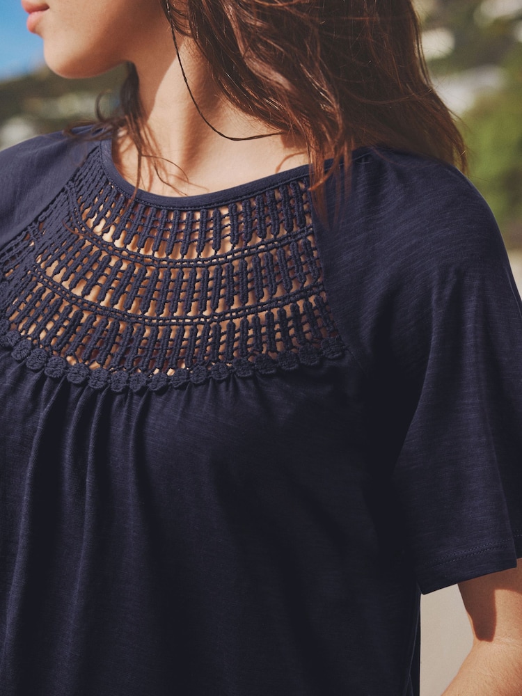 Navy Short Sleeve Crochet Bubblehem 100% Cotton Top - Image 3 of 5