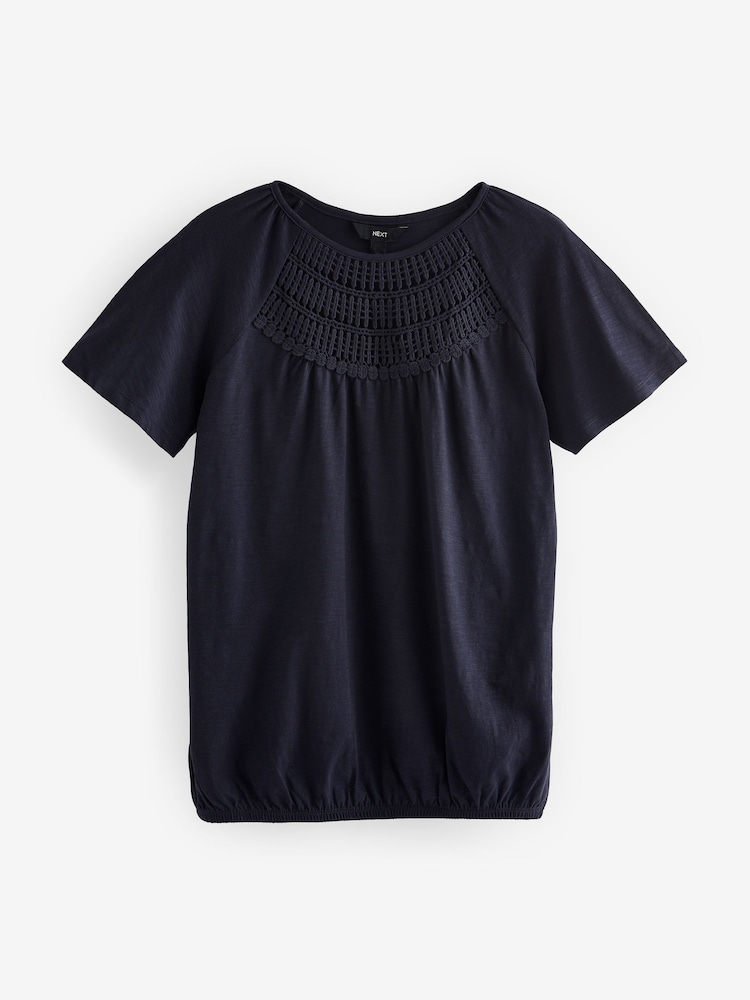 Navy Short Sleeve Crochet Bubblehem 100% Cotton Top - Image 4 of 5