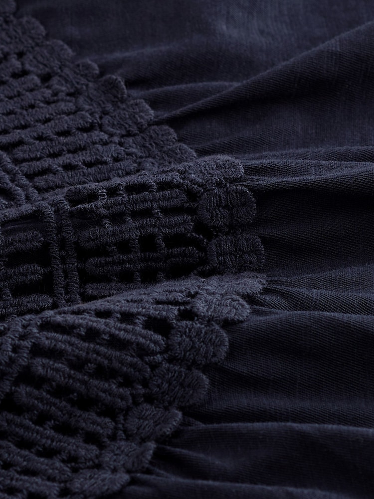 Navy Short Sleeve Crochet Bubblehem 100% Cotton Top - Image 5 of 5