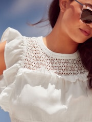 White Frill Sleeve Lace Insert Summer 100% Cotton Blouse - Image 4 of 6