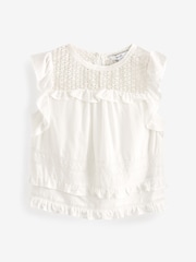 White Frill Sleeve Lace Insert Summer 100% Cotton Blouse - Image 5 of 6