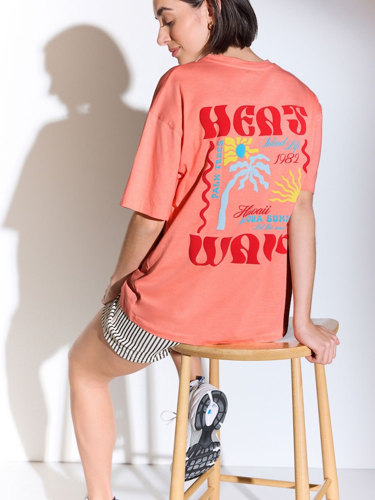 Coral Pink Relaxed Fit 100% Cotton Heatwave Summer Back Graphic T-Shirt - Image 1 of 9