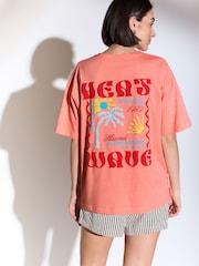 Coral Pink Relaxed Fit 100% Cotton Heatwave Summer Back Graphic T-Shirt - Image 4 of 9