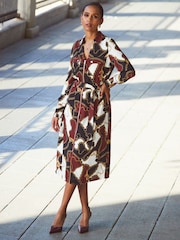 Sosandar Red Multi Print Zip Front Belted Midi Dress - Image 1 of 5