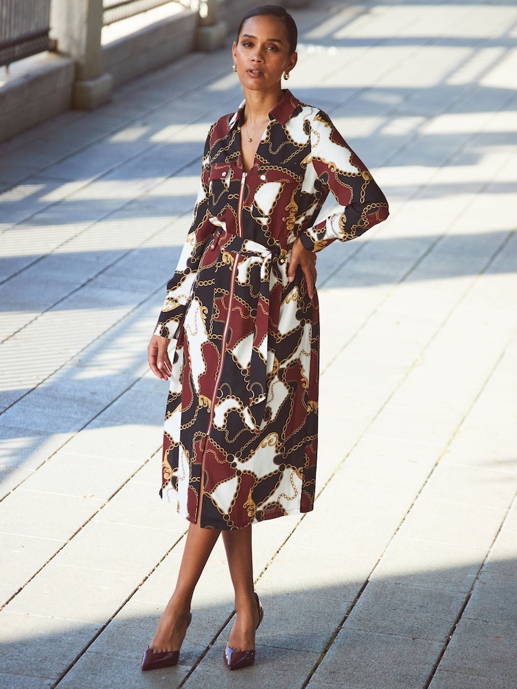 Sosandar Red Multi Print Zip Front Belted Midi Dress - Image 1 of 5
