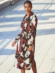 Sosandar Red Multi Print Zip Front Belted Midi Dress - Image 5 of 5