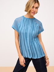 Teal Blue Plissé Woven Mix Short Sleeve Top - Image 1 of 6
