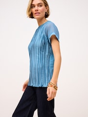 Teal Blue Plissé Woven Mix Short Sleeve Top - Image 2 of 6