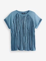 Teal Blue Plissé Woven Mix Short Sleeve Top - Image 5 of 6
