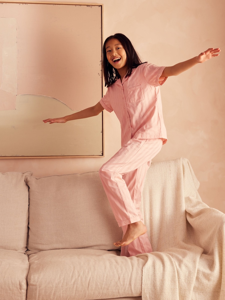 Pink Stripe Sateen Button Through 100% Cotton Pyjamas (6-16yrs) - Image 1 of 8 Pink Stripe Sateen Button Through 100% Cotton Pyjamas (6-16yrs) - Image 1 of 8
