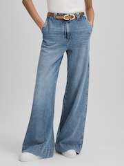 Reiss Light Blue Olivia Petite Wide Leg Contrast Stitch Jeans - Image 3 of 8