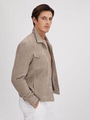 Reiss Mink Nico Suede Twin Pocket Overshirt - Image 5 of 7