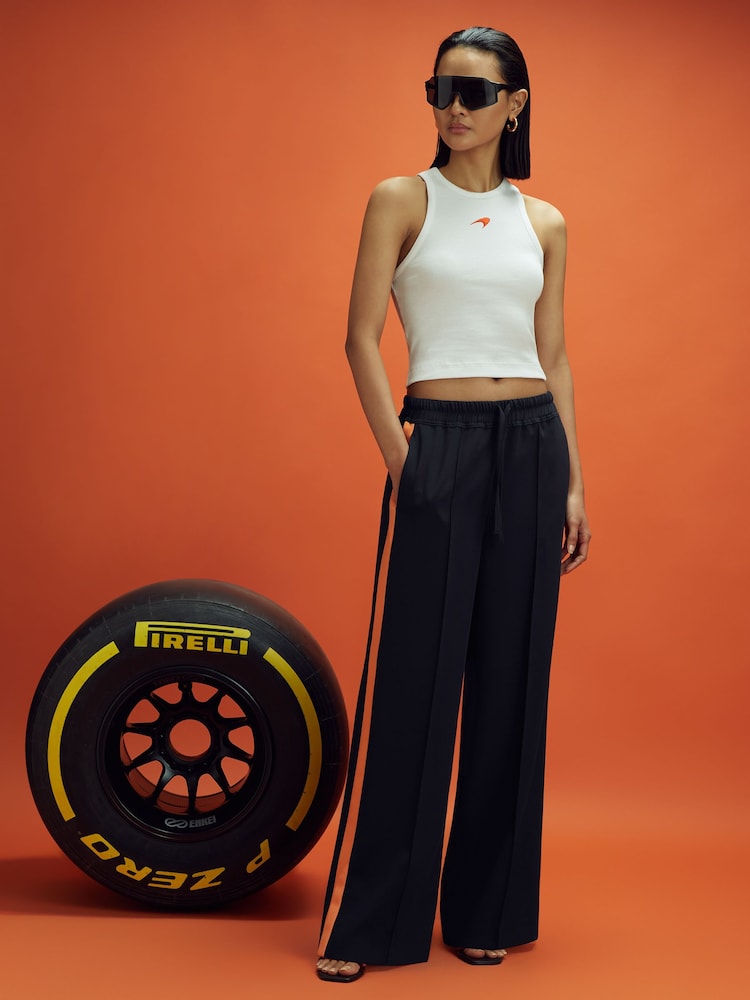 Reiss x McLaren F1 Team Navy/Papaya McLaren F1 Side Stripe Drawstring Trousers - Image 1 of 8 Reiss x McLaren F1 Team Navy/Papaya McLaren F1 Side Stripe Drawstring Trousers - Image 1 of 8