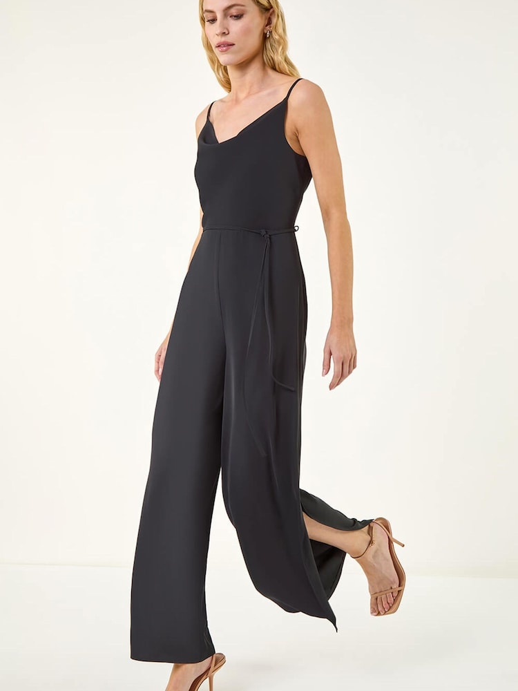 Roman Black Front Tie Strap Belted Jumpsuit - Image 1 of 5 Roman Black Front Tie Strap Belted Jumpsuit - Image 1 of 5