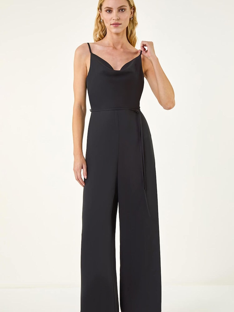 Roman Black Front Tie Strap Belted Jumpsuit - Image 2 of 5 Roman Black Front Tie Strap Belted Jumpsuit - Image 2 of 5