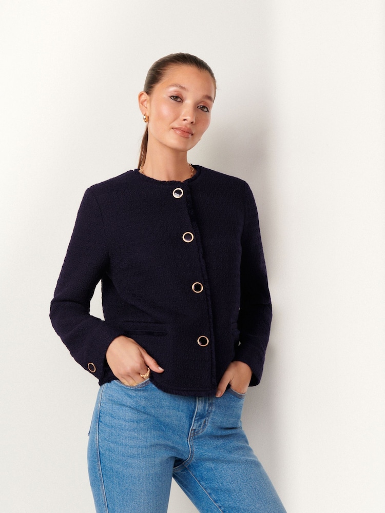 Navy Collarless Boucle Button Detail Jacket - Image 1 of 7