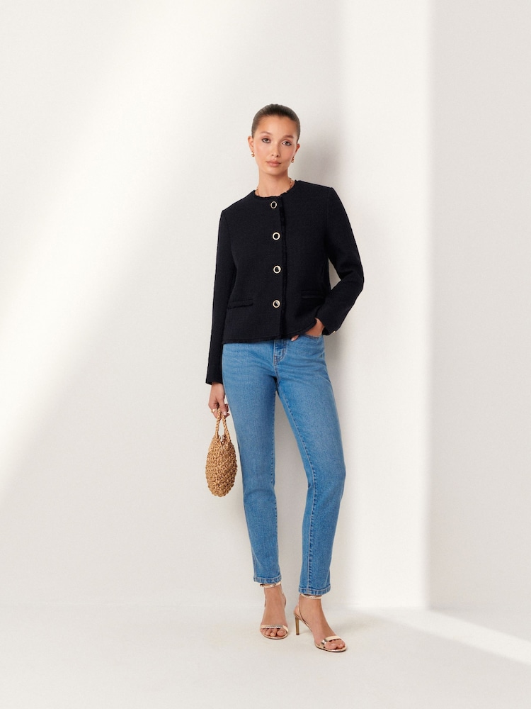 Navy Collarless Boucle Button Detail Jacket - Image 2 of 7