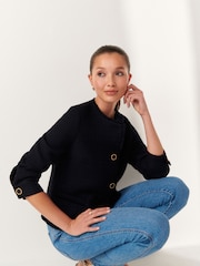 Navy Collarless Boucle Button Detail Jacket - Image 3 of 7
