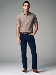 Navy Blue Belted Soft Touch 5 Pocket Jean Style Trousers - Image 2 of 6