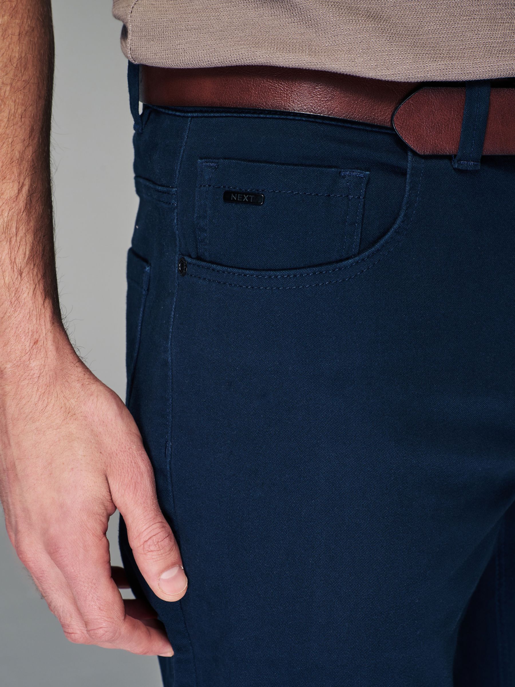 Buy Navy Blue Belted Soft Touch 5 Pocket Jean Style Trousers