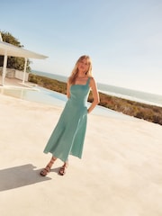 Teal Blue Linen Blend Midi Dress - Image 2 of 7