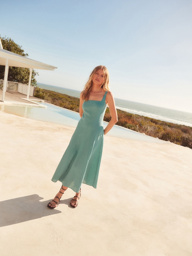 Teal Blue Linen Blend Midi Dress - Image 2 of 7
