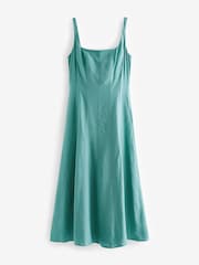 Teal Blue Linen Blend Midi Dress - Image 6 of 7