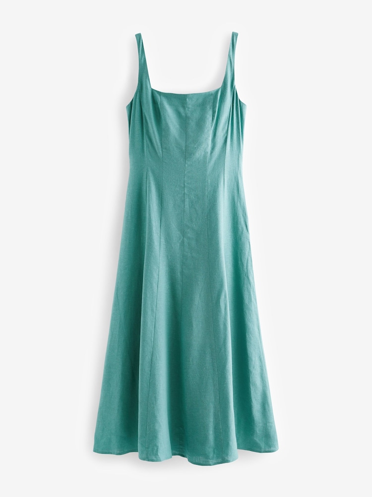 Teal Blue Linen Blend Midi Dress - Image 6 of 7