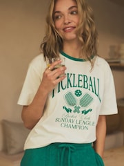 White/Green Pickleball 100% Cotton Towelling Short Pyjamas Set - Image 3 of 4