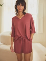 Rust Ribbed Short Set Pyjamas - Image 1 of 6