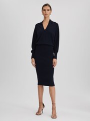 Reiss Navy Sally Petite Wool Blend Midi Dress - Image 3 of 7
