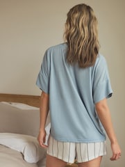 Light Blue Stripe Linen Blend Short Set Pyjamas - Image 2 of 6