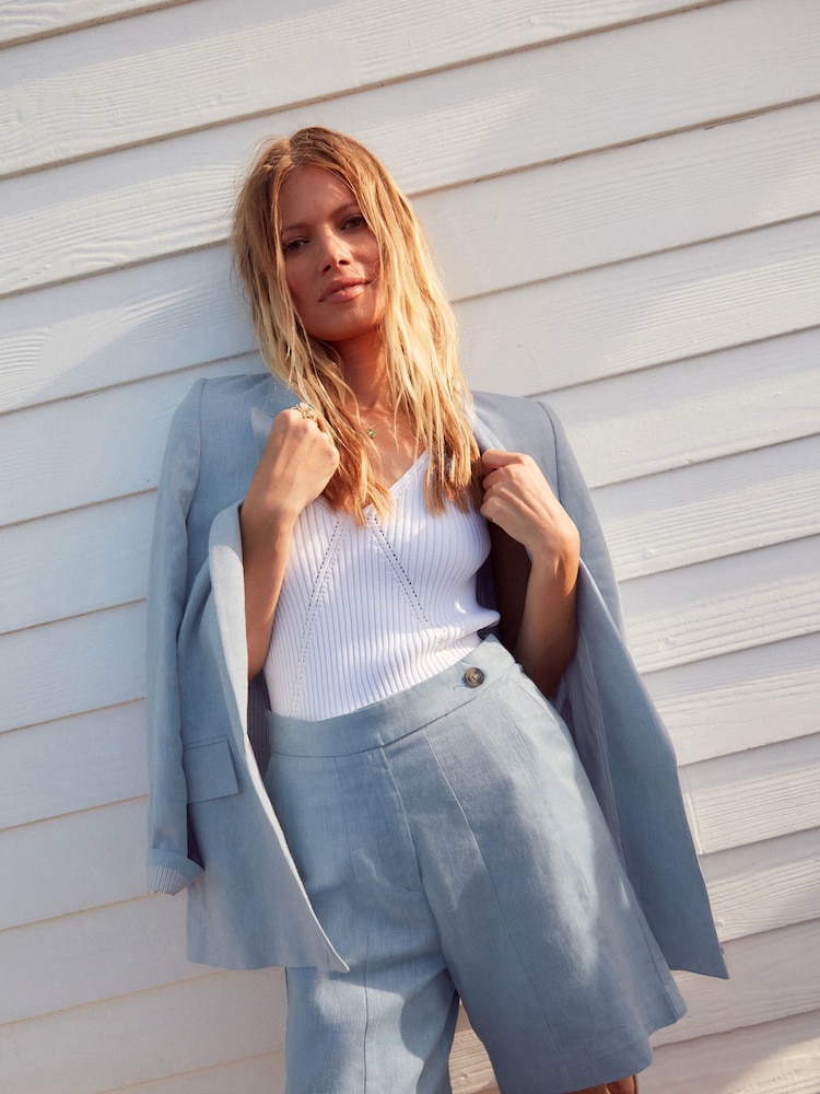 Blue Textured Linen Blend Shorts - Image 1 of 7