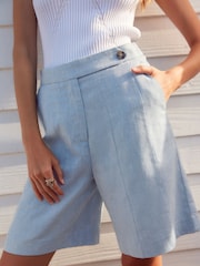 Blue Textured Linen Blend Shorts - Image 3 of 7