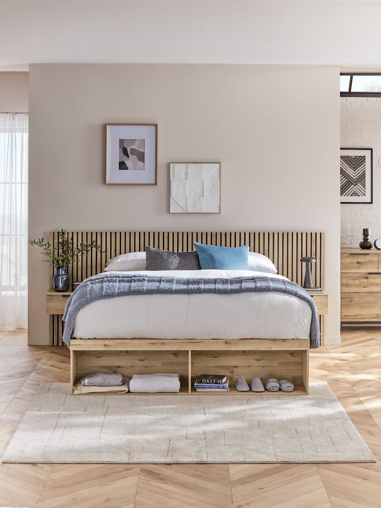 Light Oak Effect Bronx Wooden Hotel Bed Frame with Platform Storage and Bedside Tables - Image 1 of 8