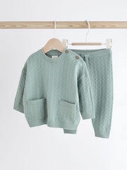Mineral Blue Baby Textured Knit 100% Cotton Top and Leggings Set (0mths-3yrs) - Image 5 of 15