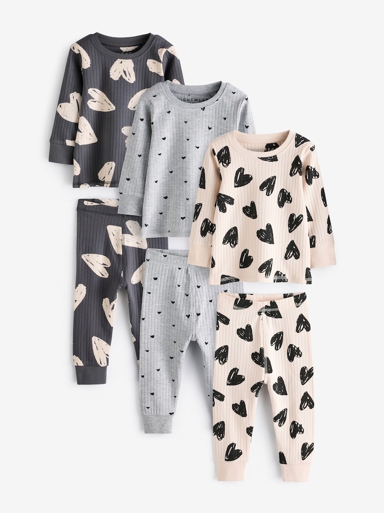 Charocal/Grey/Cream Heart Snuggle Pyjamas 3 Pack (9mths-12yrs) - Image 5 of 12