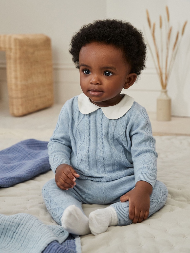 Blue Baby Collar Knitted 100% Cotton Jumper And Leggings Set (0mths-2yrs) - Image 1 of 11