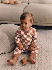 Brown Checkerboard Knitted Baby Romper (0mths-2yrs) - Image 1 of 10