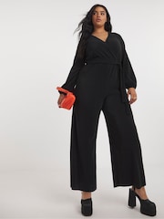 Simply Be Black Plissé Jumpsuit With Belt - Image 1 of 4