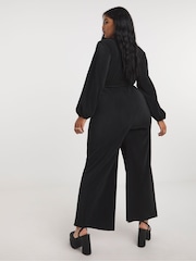 Simply Be Black Plissé Jumpsuit With Belt - Image 2 of 4