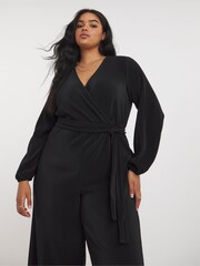 Simply Be Black Plissé Jumpsuit With Belt - Image 3 of 4