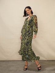 Ro&Zo Soft Leopard V-Neck Midi Black Dress - Image 1 of 5
