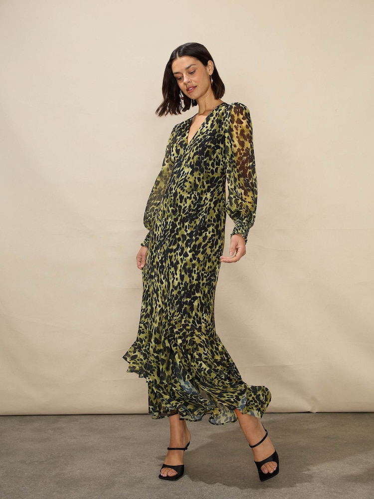 Ro&Zo Soft Leopard V-Neck Midi Black Dress - Image 1 of 5