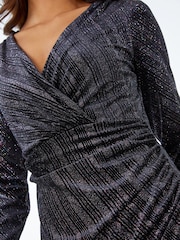 Roman Black Velvet Shimmer Ruched Detail Wrap Dress - Image 5 of 5