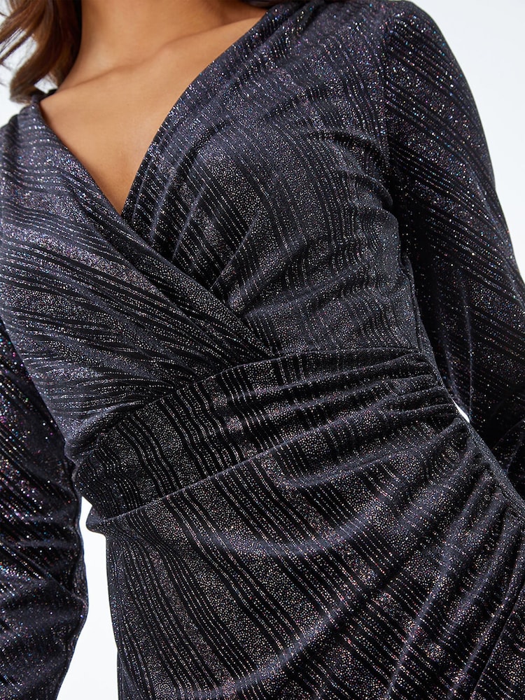Roman Black Velvet Shimmer Ruched Detail Wrap Dress - Image 5 of 5